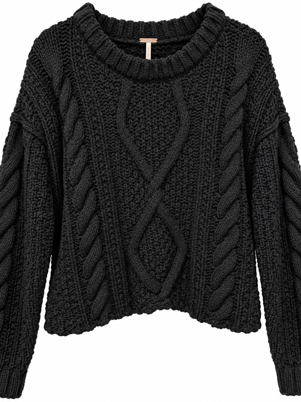 Free People 100% Black Cable Knit Crewneck Sweater- Size Large